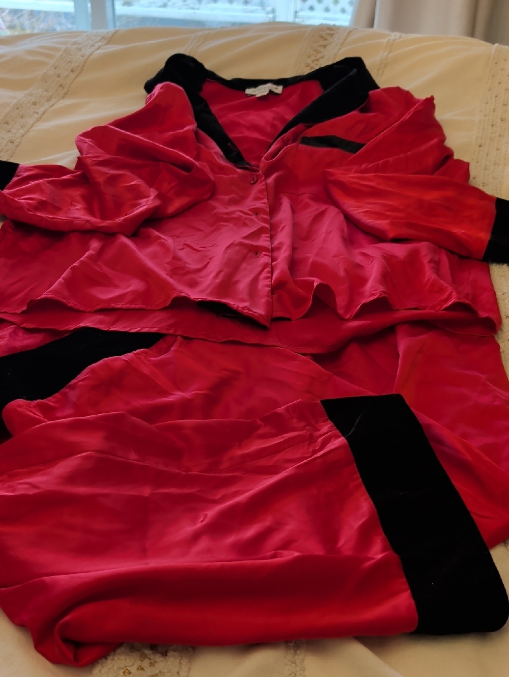 Women's Red Satin Pajama Set with Black Trim